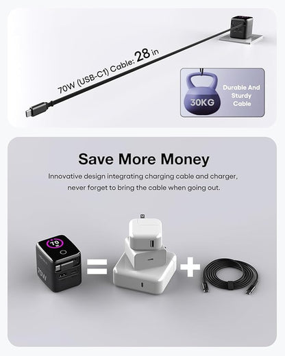 WOTOBEUS PD 70W/65W GaN USB-C Wall Charger with Retractable Cable & AI Digital Display - Travel Laptop Power Adapter, PPS 45W 25W Fast Charging for iPhone 17 16, iPad, MacBook, Galaxy S25, Pixel