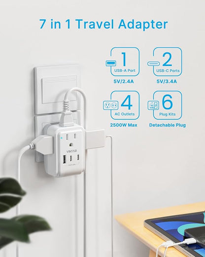 VINTAR Universal Travel Adapter Kit, International Power Adapter with 4 AC & 3 USB Ports(2 USB C), Type A,B,C,E/F,G,I, Swap Adapt Attachments, Travel Adapter Worldwide for Europe/UK/Aus/Japan/Africa