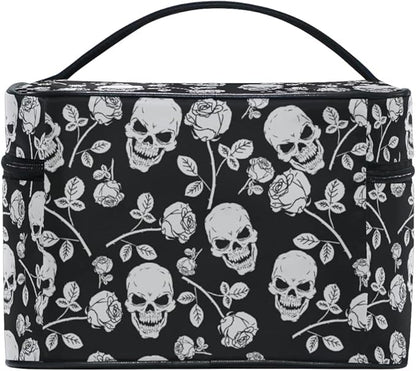 Skull Makeup Bag, Skull Rose Gothic Makeup Organizer Bags Toiletry Bag Box Travel Cosmetic Bag Make Up Train Case for Women Teen Girl Ladies