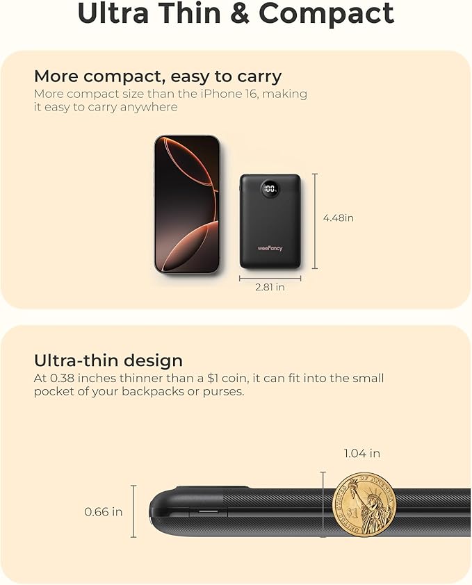Small Portable Charger 10000mAh, Mini Power Bank with LED Display, 22.5W PD Fast Charging USB-C Battery Pack, Compact Lightweight Travel Charger Compatible with iPhone Samsung Android, Black