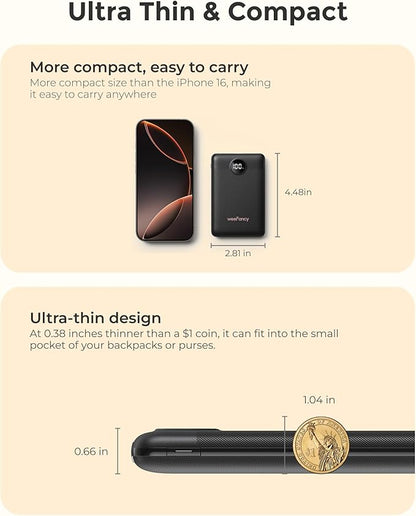 Small Portable Charger 10000mAh, Mini Power Bank with LED Display, 22.5W PD Fast Charging USB-C Battery Pack, Compact Lightweight Travel Charger Compatible with iPhone Samsung Android, Black