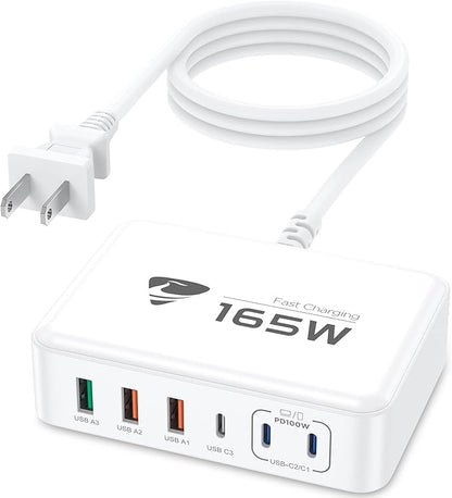 165W USB C Charging Station 6-Port GaN USB C Charger, PD 100W Laptop Hub Wall Charger Multiport USB c for MacBook Pro/Air,iPhone 15 16 Pro Max,iPad, Galaxy S24