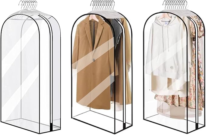10” Gusseted Clear Garment Bags, 40” Hanging Suit Bags for Closet Storage - Protect Clothes, Suits, Coats, Dresses - 3 Pack (40 inch)