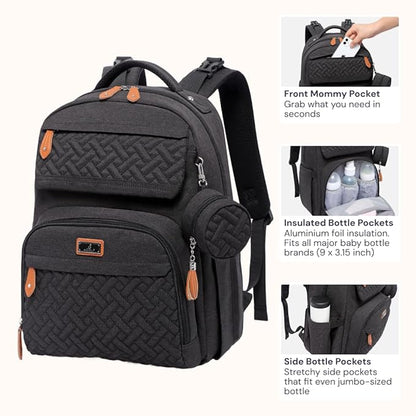 BabbleRoo Diaper Bag Backpack - Travel Large Baby Diaper Bag with Changing pad, Waterproof Baby Bags for Mom & Dad, Unisex Bags with Pacifier Case, Luggage Strap & Stroller Clips– Black