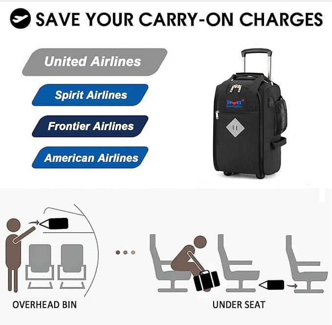 17x10x9 Inches United Airlines Rolling Personal Item Under Seat Travel Bag Suitable For Major Airlines, Not Suitcase, Rolling Travel Bag Design (Black)