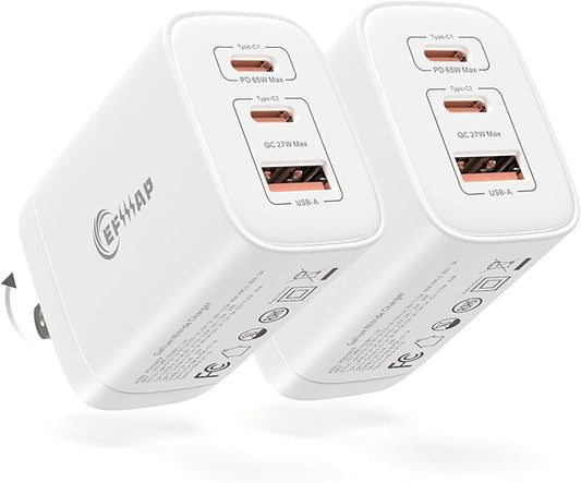 65W USB C Charger Block, 3-Port Foldable Type c Fast Charging for MacBook Air MacBook Pro 14 15 16 17, iPhone 17/16/15/14, Galaxy S25/S24/S23, iPad, AirPods & More (2Packs Without Cable)