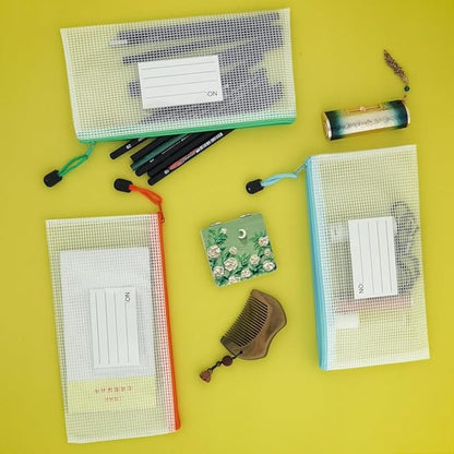BOPART 24pcs Small Mesh Zipper Pouch 9.3x4.7 Inches Pencil Pouch Bags, Small Mesh Bag with Label Pocket for School & Office Supplies, Plastic Zip Bill Bags for Home Travel Storage & Organizing