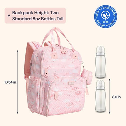 BabbleRoo Diaper Bag Backpack - Baby Essentials Travel Tote - Multi Function Water Resistant Diaper Bag, Travel Essentials Baby Bag with Changing Pad, Stroller Straps & Pacifier Case - Pink Birdy