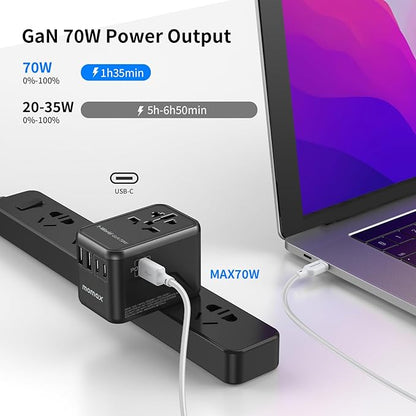 MOMAX 6-in-1 Universal Travel Adapter, GaN 70W International Power Adapter, 3 USB-C PD Fast Charging & 2 USB-A QC, 1 AC, All-in-one International Plug Adapter for Travel European UK AUS JP
