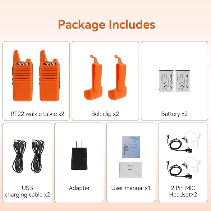 Retevis RT22 Walkie Talkies, Portable Two Way Radio Long Range Rechargeable, Mini Walkie Talkies with Earpiece, VOX Handsfree, Type-C Charging for Family Outdoor Camping Driving(2 Pack, Orange)
