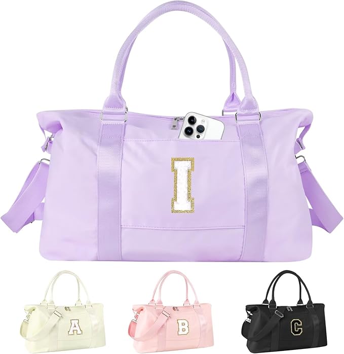 Dance Gym Duffel Bag for Teen Girls, Personalized Initial Travel Weekender Bag,Cute Overnight Carry On Duffle for Women,Sports Travel Cheer Bag,Monogram Christmas Gifts for Tween Preppy(purple-I)