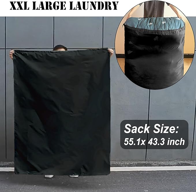 2pack Extra Large Laundry Bag 55x43.3" + Silicone Tote Handle, Heavy Duty Oxford Dirty Clothes Travel Drawstring Bags Storage Sack, Easy fit Laundry Hamper and Basket (Machine Washable, Black)