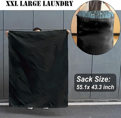 Extra Large Laundry Bag 55"x43.3" + Silicone Tote Handle, Heavy Duty Oxford Fabric Dirty Clothes Travel Drawstring Bags Storage Sack, Easy fit Laundry Hamper or Basket (Machine Washable, Black)