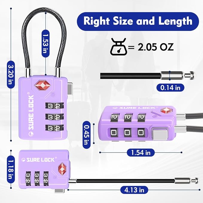 SURE LOCK TSA Compatible Travel Luggage Locks, Inspection Indicator, Easy Read Dials TSA Approved with Zinc Alloy (2, Purple 2 Pack)