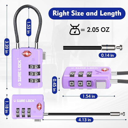 SURE LOCK TSA Compatible Travel Luggage Locks, Inspection Indicator, Easy Read Dials TSA Approved with Zinc Alloy (2, Purple 2 Pack)