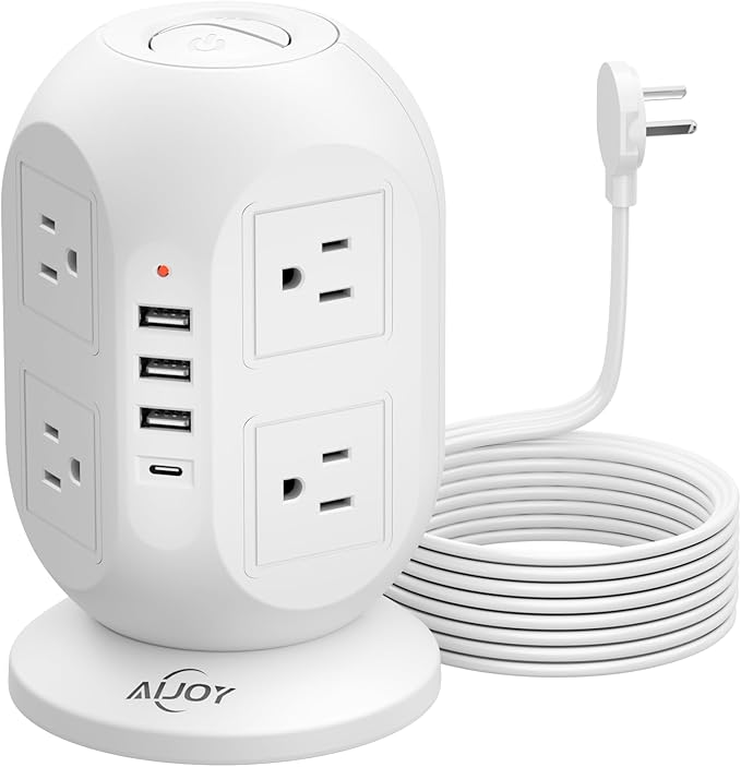 AiJoy Surge Protector Power Strip Tower with 8 Outlets 4 USB Ports(1 USB-C), 10 FT Flat Extension Cord with Multiple Outlets, Charging Tower with Surge Protection for Home Office Dorm Room Essentials