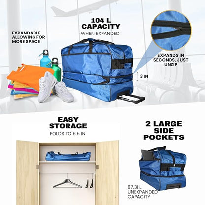 Rolling Duffel Bag Foldable Expandable Weekender Travel 28" (Blue)