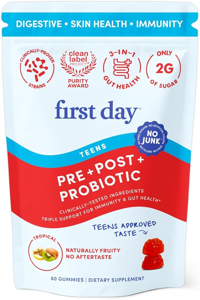 FIRST DAY Teens’ Gut Sustainer Tribiotic Gummies – 3-in-1 Prebiotic, Probiotic & Postbiotic Supplement – Supports Digestive, Skin, Oral & Immune Health, Nutrient Absorption & Growth – 30-Day Supply