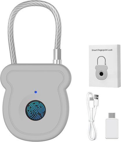 Smart Fingerprint Padlock for Luggage - 20 User Capacity, USB Key & Emergency Code, Keyless Biometric Lock for Gym Locker, Suitcase, Backpack, Toolbox & Handbag (Grey)