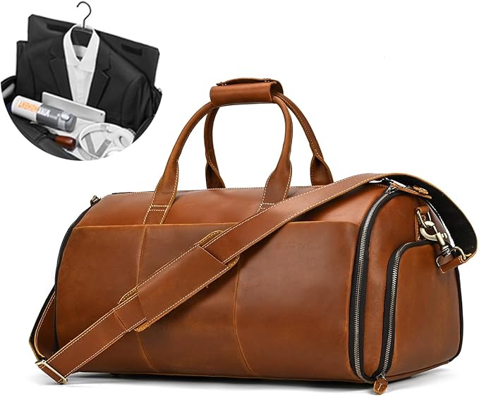 Full-grain Leather Garment Bag Large Capacity Travel Bag Business Suit Carrier Bag with Shoe Compartment, Overnight Gym Sports Duffel Bags for Men Women, Light Brown