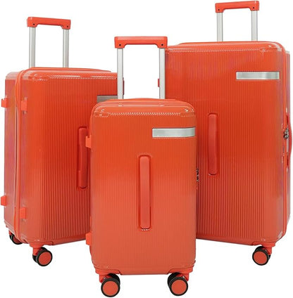 Travel Luggage Sets 3 Piece with Spinner Wheels, PC Hardside Suitcase Set for Family Trips with Cup and Phone Holder, Orange