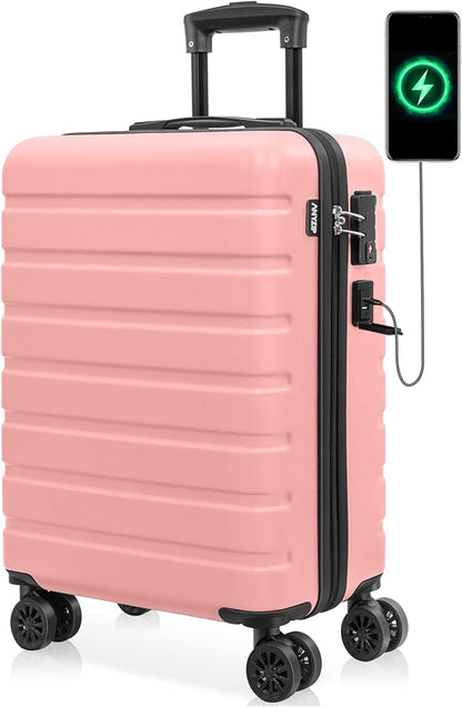 AnyZip Carry On Luggage 21" Hardside PC ABS Lightweight USB Suitcase with Wheels TSA Lock for kids Pink