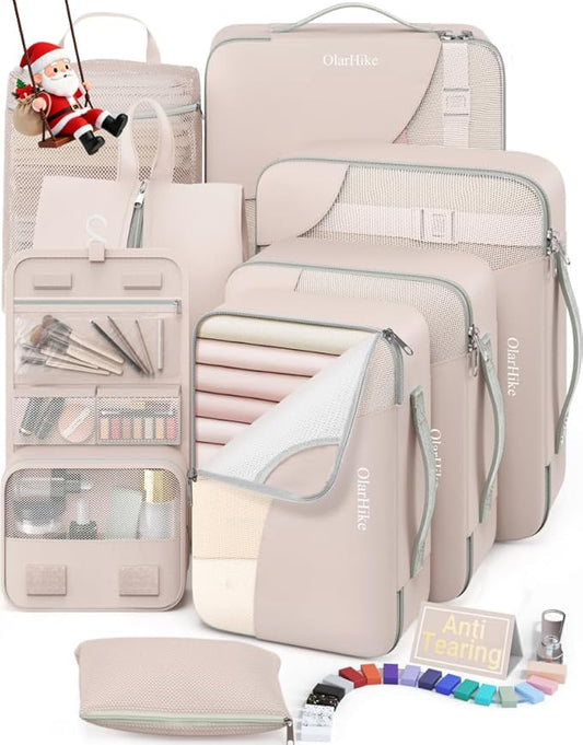 10 Set/8 Set Packing Cubes for Travel, Gifts for Women Mom,Anti-Tearing Suitcase Organizer for Luggage with Shoe & Hanging Toiletry Bag,OlarHike Vacation Essentials & Accessories for Cruise Ship,Cream