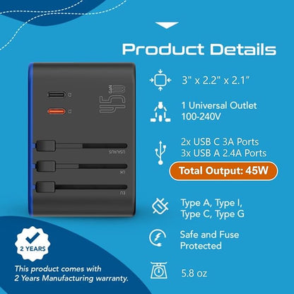 Ceptics Universal Travel Adapter, 45W International Power Adapter with PD & QC 3.0 Dual USB-C, 3 USB Travel Adapter Worldwide, Type I C G A Outlets 110V 220V A/C - EU Euro US UK (11-KU)