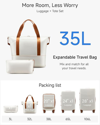 Luggage Sets 5 Piece, H1F Hardside Suitcase With Wheels - Spinner Wheels, TSA Lock, Includes Tote Bag（FX-Lite,Beige,5 Piece Sets）