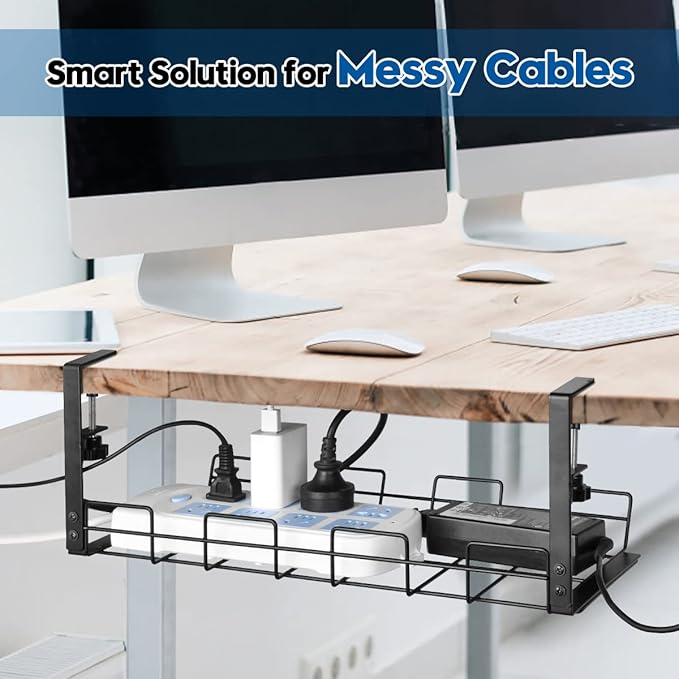 No Drill Under Desk Cable/Wire Management Tray, 2 Pack Sturdy Alloy Steel Wire Organizer Under Desk Basket for Office and Home Standing Desk
