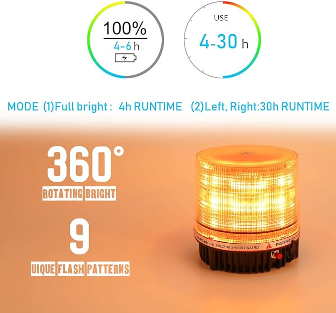 LE-JX Amber Wireless Rotating Beacon Orange Battery Led Strobe Warning Light Roof Top Plow Hazard Flash Emergency Mail Lights 12 V with Magnetic Base Mount and Rechargeable Plug (Yellow, 18 LED)
