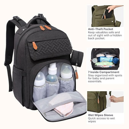 BabbleRoo Diaper Bag Backpack - Travel Large Baby Diaper Bag with Changing pad, Waterproof Baby Bags for Mom & Dad, Unisex Bags with Pacifier Case, Luggage Strap & Stroller Clips– Black