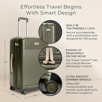 Briggs & Riley 27" Medium Expandable Spinner - Checked Luggage for Travel, Suitcases with Wheels, Hardside Rolling Bag for Men & Women, Self-Repairing Zipper - Sympatico Collection, Olive