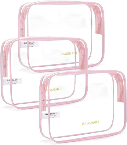 BAGSMART Clear Toiletry Bag, 3 Pack TSA Approved Travel Toiletry bag Carry on Travel Accessories Bag Airport Airline Quart Size Bags Water Repellent Makeup Cosmetic Bag for Women (Pink-3pcs)
