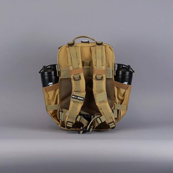 WOLFpak 35L Athletic Gym Backpack - Durable 1000D Waterproof Oxford Material with MOLLE Webbing, Laptop Pocket & Dual Cup Holders, Durable Fitness/Travel/Military Daypack (Khaki)