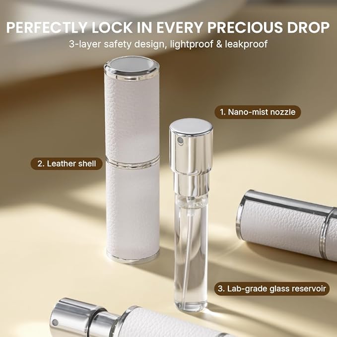 Perfume Atomizer, Rotary-Lift Nozzle, Cap-Free, Leather Refillable Spray Bottle, High-end Portable Dispenser, Travel Size TSA Approved 0.27oz/8 ml (White Purple)