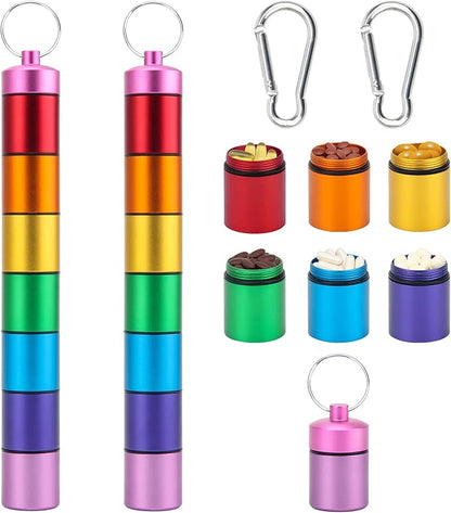 Small Portable Pill Case Keychain for Travel, AngleKai 2 Pack Pill Organizer Box, Waterproof Tablet Container Weekly Medicine Bottle Organizer (Rainbow)