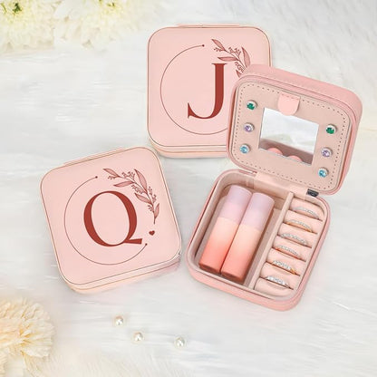 SANDJEST Personalized Jewelry Box, Pink Small Travel Jewelry Box with Initial Q, Monogrammed Jewelry Case Organizer for Girls Women Teen, Mini Travel Essentials Gifts for Christmas Birthday