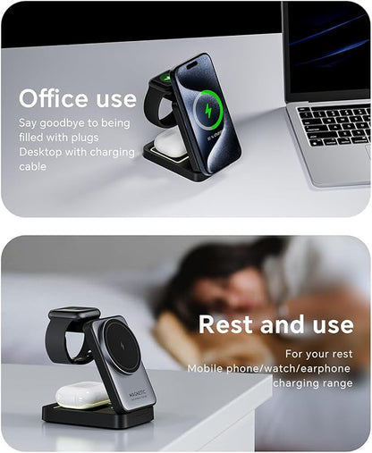 2025 Upgraded 3-in-1 Wireless Charger for iPhone,Travel Magnetic Charger Stand Nightlight Foldable Wireless Charging Station Compatible with Magsafe Charger&iPhone 17/16/15/14/13,Apple Watch&AirPods