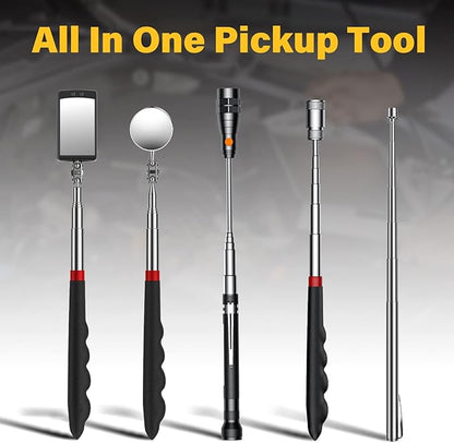 Magnetic Pickup Tool Set with 15lb&1lb Pick Up Rod, Round&Square 360 Swivel Adjustable Inspection Mirror, Telescoping Flexible Flashlight, Christmas Gifts Stocking Stuffers For Men, Dad, Husband