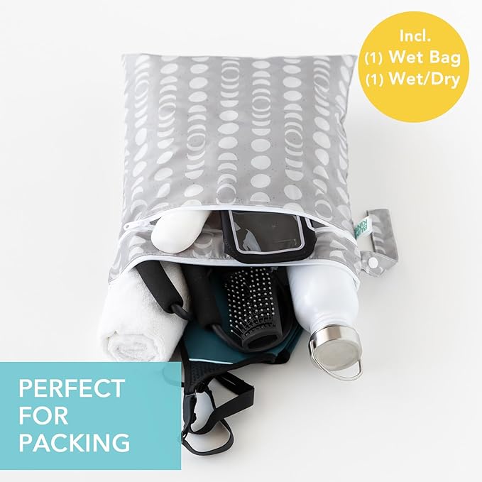 Bumkins - Waterproof Wet and Wetdry Bags - For Beach, Baby, Travel, Swim Suit, Cloth Diapers, Pump Parts, Pool, Gym, Toiletries - Reusable & Easy to Clean - Lunar Gray - 2 Pack