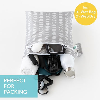 Bumkins - Waterproof Wet and Wetdry Bags - For Beach, Baby, Travel, Swim Suit, Cloth Diapers, Pump Parts, Pool, Gym, Toiletries - Reusable & Easy to Clean - Lunar Gray - 2 Pack