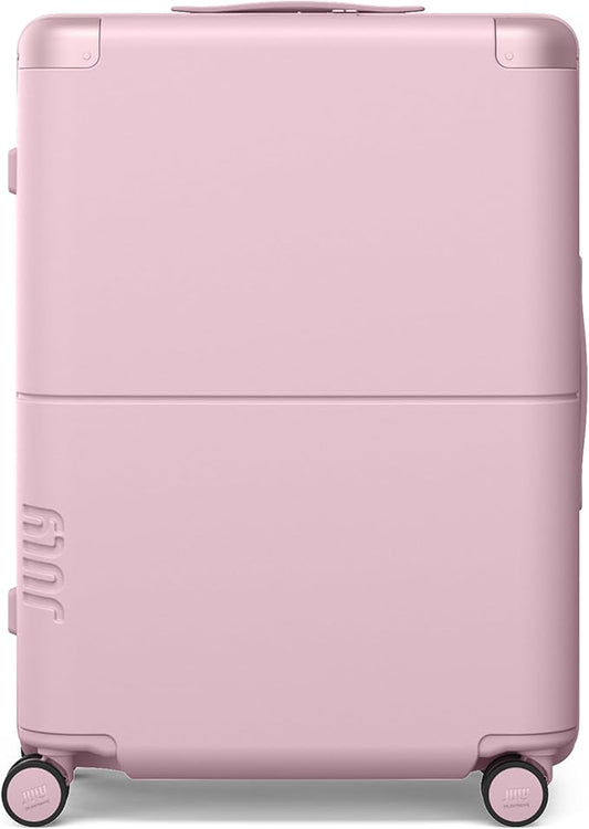 Checked Expandable - 24.5" Airline Approved Check In Luggage with Wheels, Spinner Suitcase for Men & Women - TSA Lock Rolling Suitcase, Spinner Wheels, Expansion Zip, Y-Strap - Blush Pink