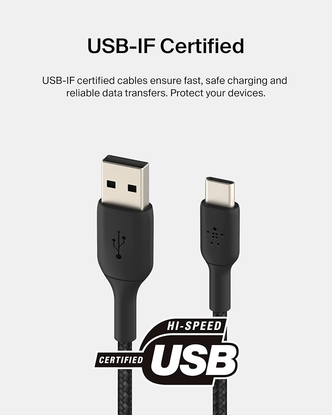 Belkin USB C to USB A Cable, 3.3ft, 15W - Type C Charger, iPhone Charger Cord, Braided, Flexible for iPhone 17 & 16, Galaxy S25, Pixel 10, iPad Pro, AirPods Pro, Switch 2 & More, CarPlay - Black