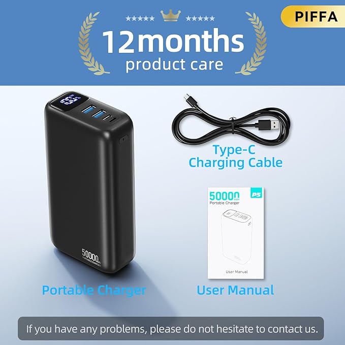 PIFFA 50000mAh Portable Charger Power Bank,22.5W Fast Charging Portable Phone Charge USB-C PQ3.0 QC4.0,LED Display, Battery Pack for iPhone 17/16/15 Pro Samsung Google, for Travel Camping Essential