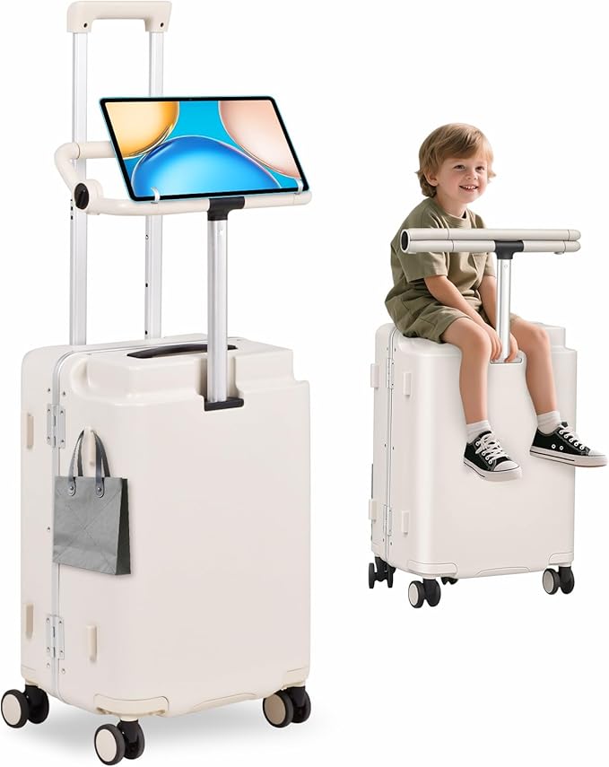 Kids Ride-On Luggage with Adjustable Safety Seat, 20 Inch Carry On Suitcase with 360° Silent Wheels, Cup & Tablet Holder, TSA Lock, For Toddlers to Adults, 200lbs Support, Lightweight Travel Suitcase