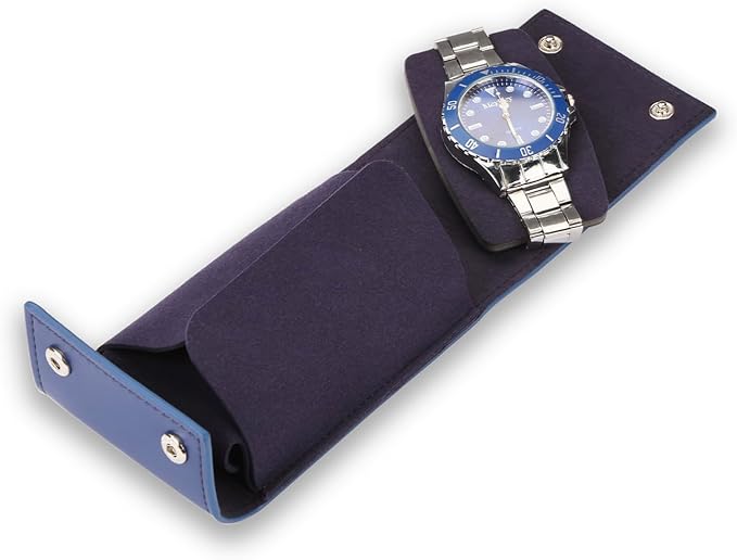 Travel Watch Case - Leather Watch Pouch with Velvet Lining, Single Case, Unisex | Business Travel and Office Christmas Gift (Blue)