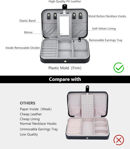 2-Layer Travel Jewelry Box for Women, Portable Jewelry Organizer with Mirror & Removable Dividers, PU Leather Jewelry Case Gift for Wife, Mom, Girlfriend (Black Grey)
