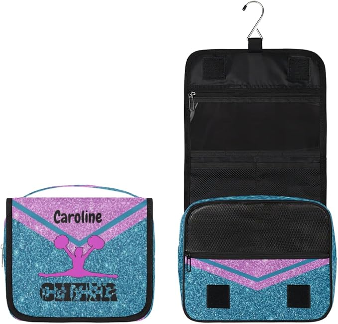Custom Travel Toiletry Bag with Hanging Hook Cheerleading, Spacious Waterproof Toiletry Bag for Women for Travel Accessories, Toiletries Essentials Lake Blue Pink Cheer Shiny Glittering