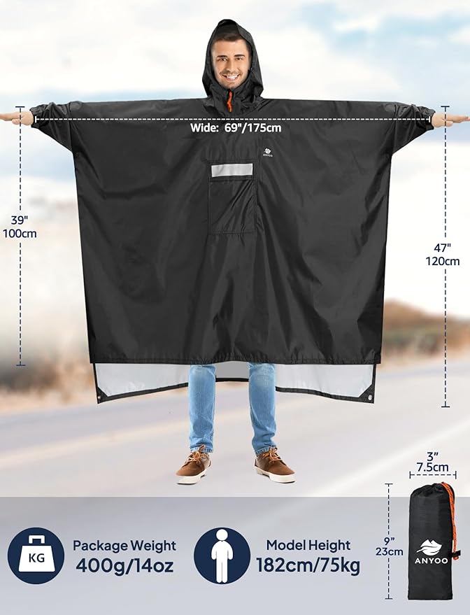 ANYOO Hooded Rain Poncho for Adults Waterproof Lightweight Rain Coat for Men Women Reusable Rain Jacket for Emergency Outdoor